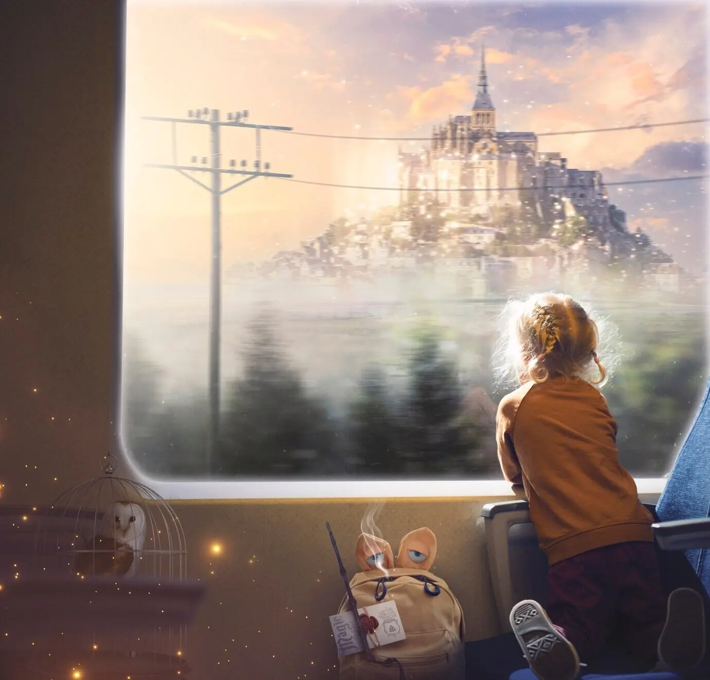 Rückansicht eines Mädchens, das im Zug auf einem Stuhl sitzt.